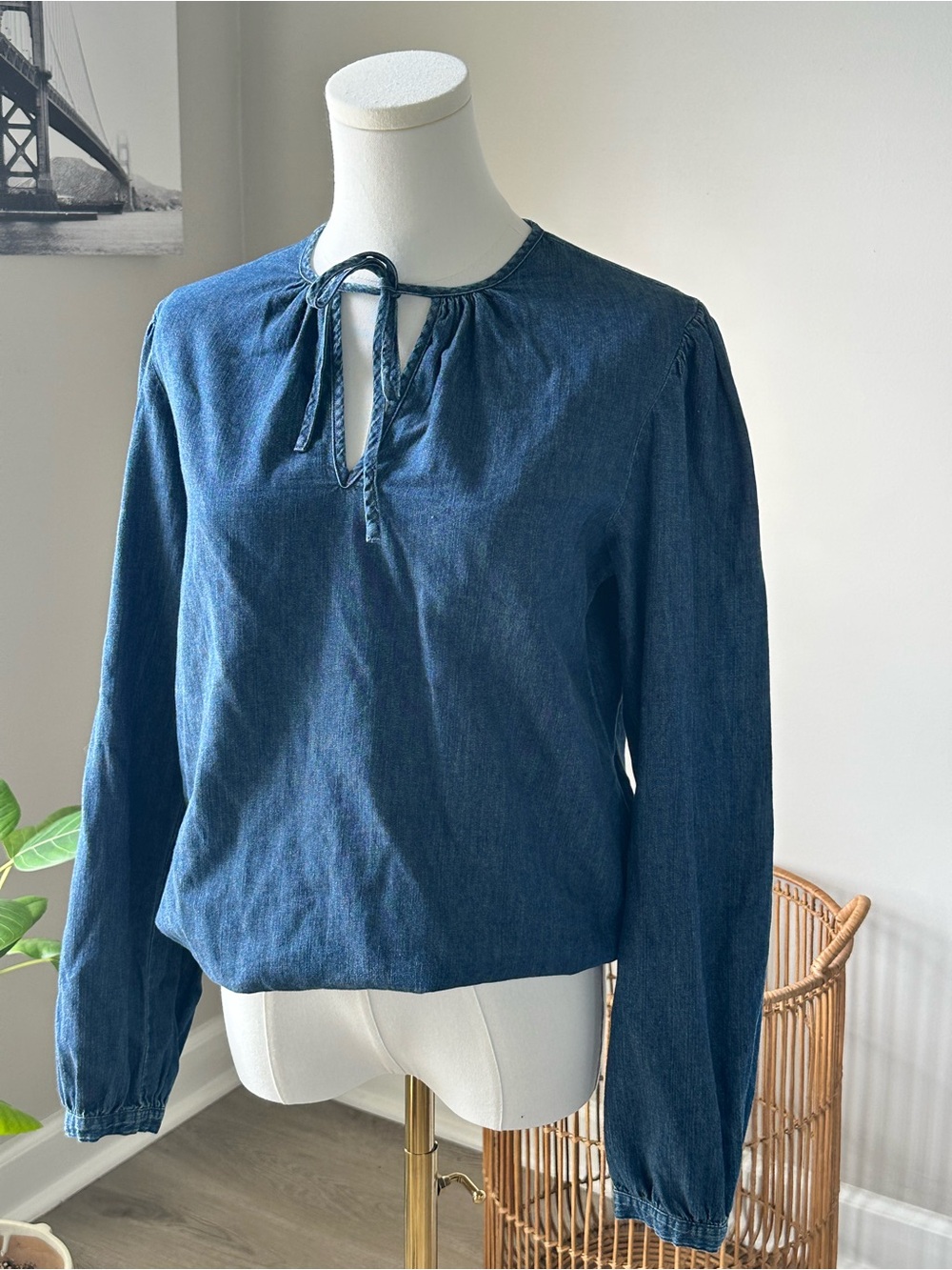 Polo by Ralph Lauren Denim Tie-Neck Long Sleeve Top - Blue